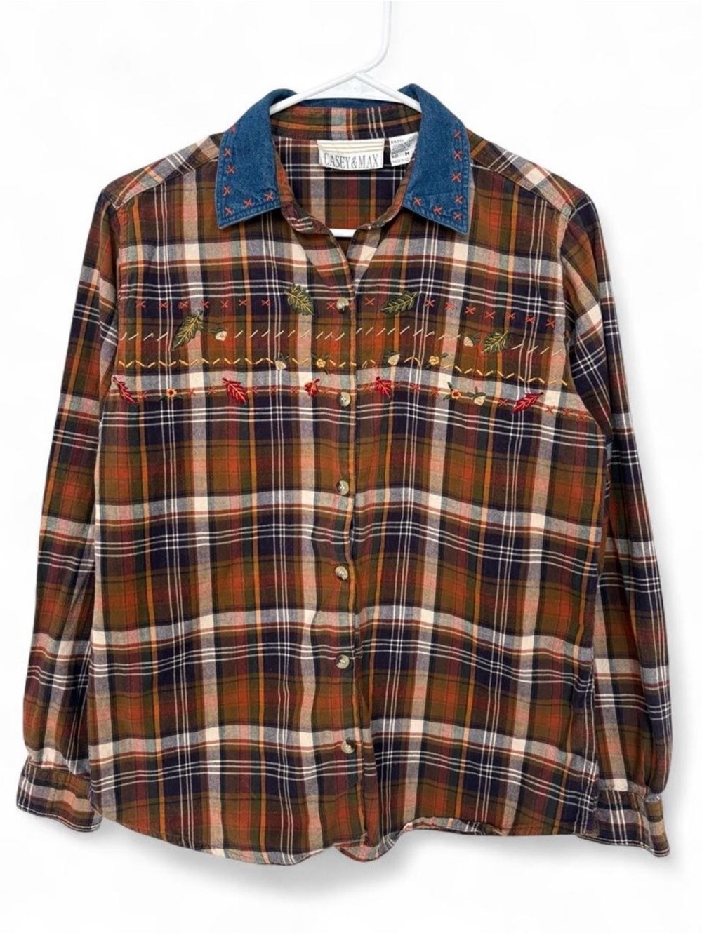 Vintage Casey & Max Embroidered Fall Plaid Button Down Shirt Medium Autumn Leaf